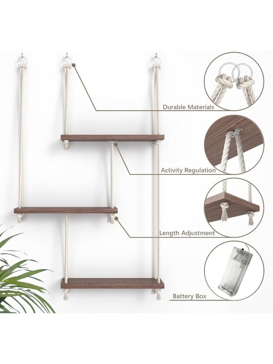Hanging Rack 3-Tiers Wooden Wall Shelf Plant Storage Rack  New Rustic Brown 3 Tier Rope Hanging Wall Plant Shelf with Vine Lights 36.2 Inch